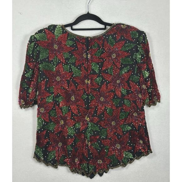 Laurence Kazar Silk Poinsettia Beaded Sequin Black Red Top Vtg 80s Size 1X EUC - Picture 6 of 8
